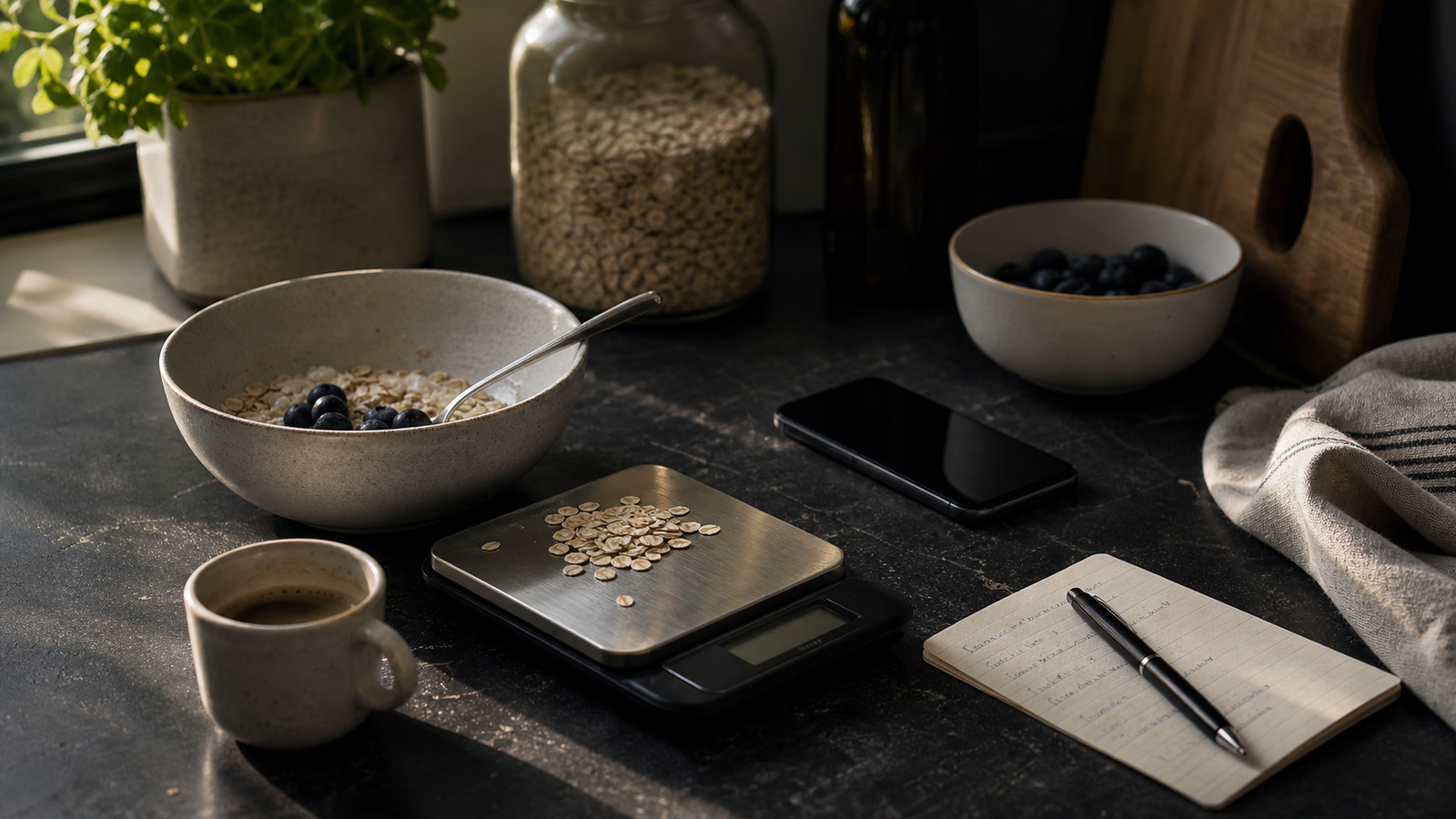 Nutrition logging setup with breakfast, scale, and notebook