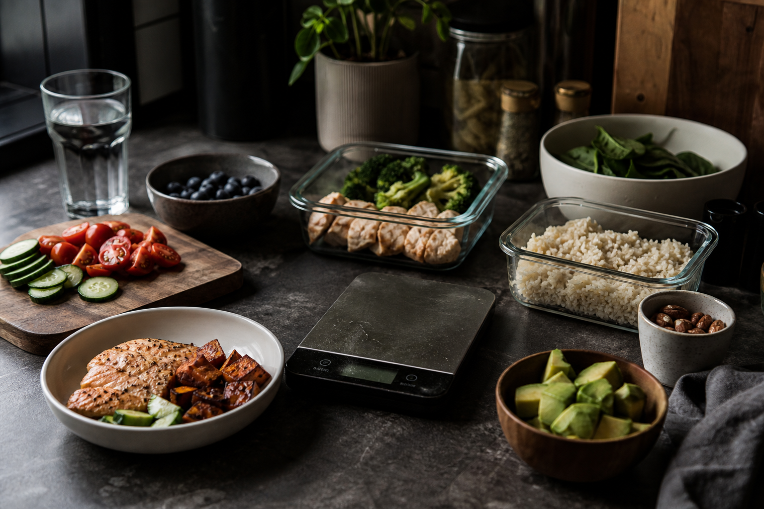 Prepared meals and nutrition setup on a kitchen table