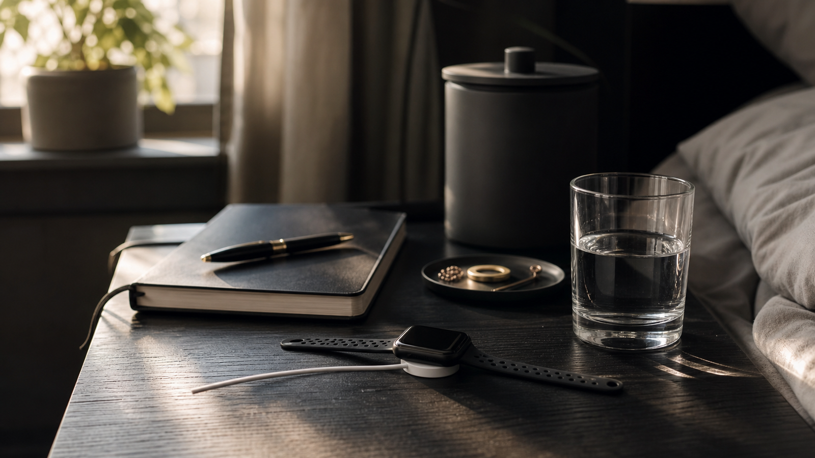 Recovery scene with smartwatch, water, and morning light